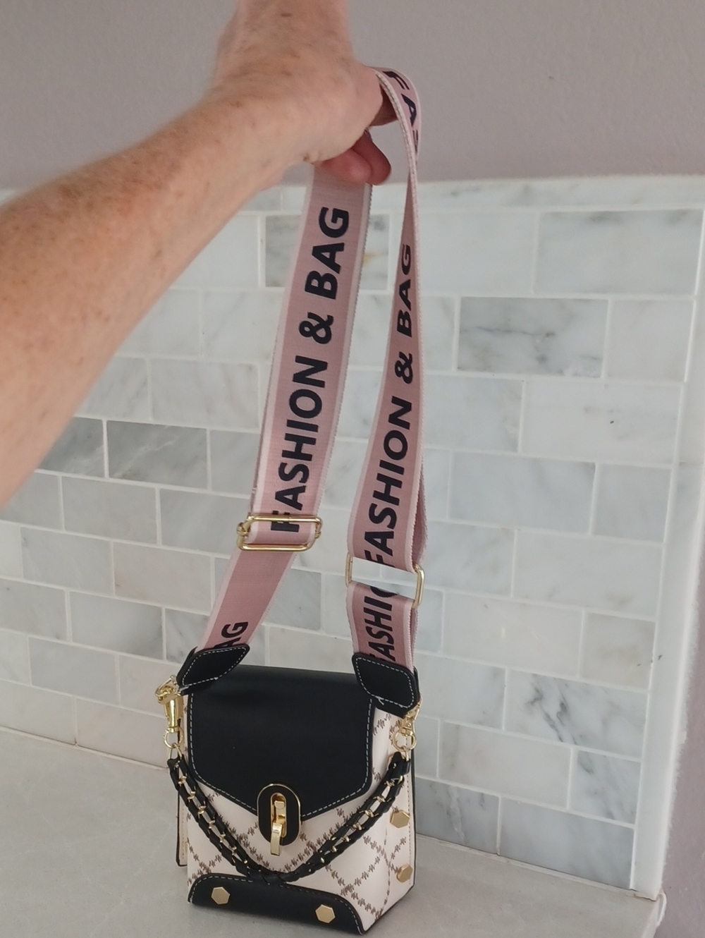 Black Cream Pink Diamond Crossbody Mini Box Bag Purse Removable Wide Strap - Picture 3 of 11